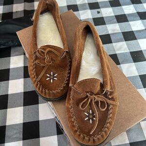 Women's Brown Suede Moccasin Slippers with Embellishment